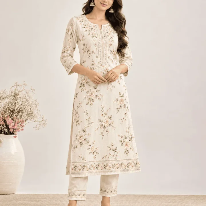 Ivory Embroidered Kurti & Pant Set